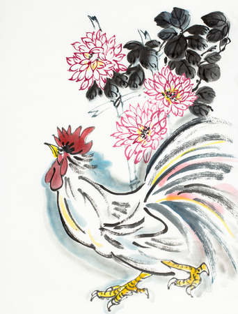 Chinese style rooster and chrysanthemum