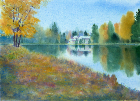 bright autumn landscape with lake and houseの写真素材