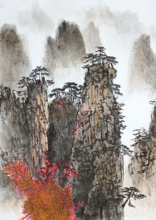 autumn mountain landscape with fogの写真素材