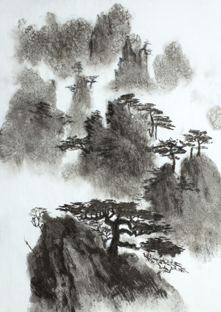 high misty mountains and pinesの写真素材