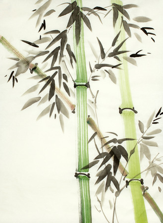 Chinese painted green bamboo treesの写真素材