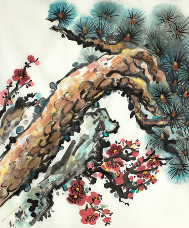 Chinese-style pine and wild plum branchの写真素材