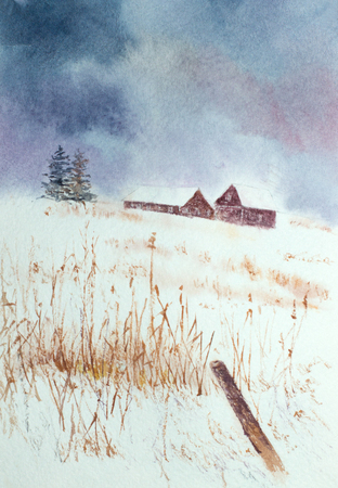 two houses in a winter fieldの写真素材