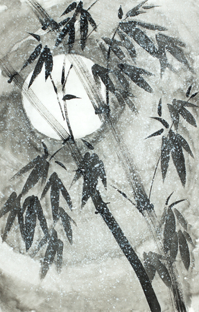 bamboo under the snow and the moonの写真素材
