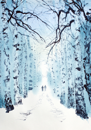 winter birch park and two peopleの写真素材