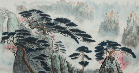 Chinese landscape with pine mountains and blooming wild plumの写真素材