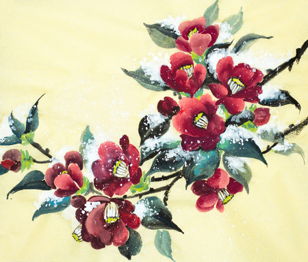 bright camellia under the snow on a light backgroundの写真素材
