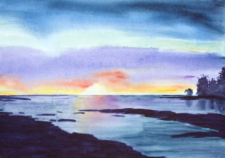 painted summer landscape with lake rocks and sunsetの写真素材
