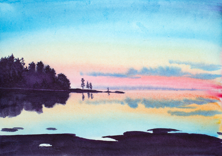 painted summer landscape with lake rocks and sunsetの写真素材