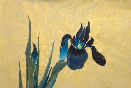 blue iris flowers on a gold backgroundの写真素材