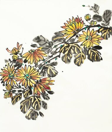 yellow branch of chrysanthemum on a light backgroundの写真素材