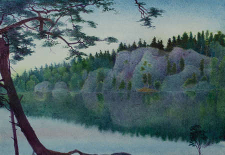 rocks at dusk on the lakeの写真素材
