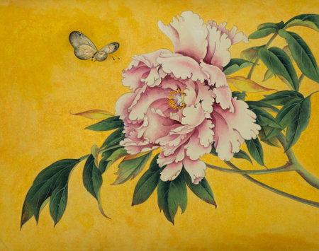 Pink peony and butterfly on golden backgroundの写真素材