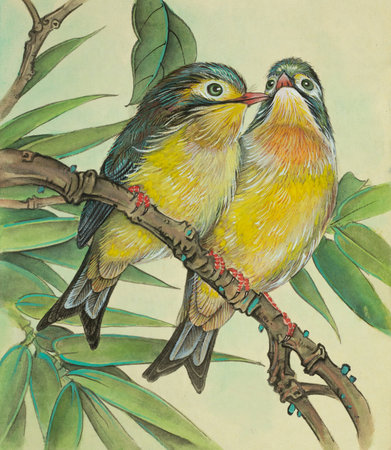 The painting shows two small birds on a branchの写真素材