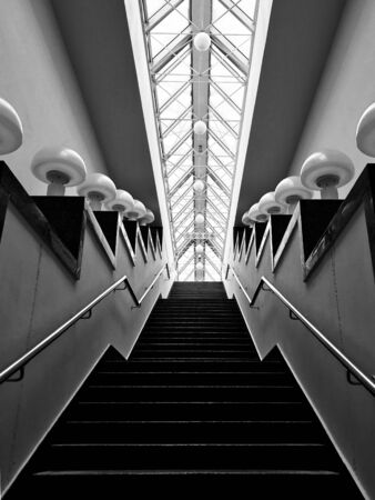 View of the stairs inside the pedestrian bridge over the Yauza River to the Kiev railway station in Moscowの写真素材