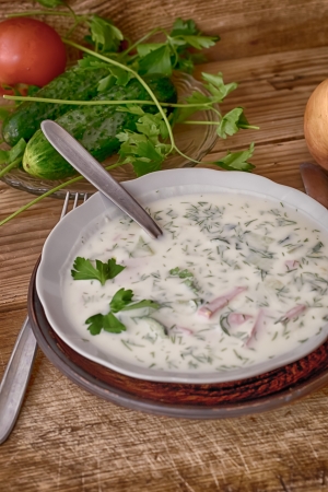Seasonal chilled soup from vegetablesの写真素材