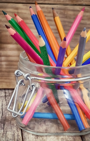 Pencils of different colours in the glassの写真素材