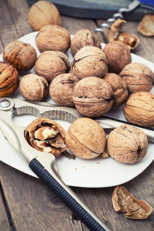walnuts on a wooden boardの写真素材