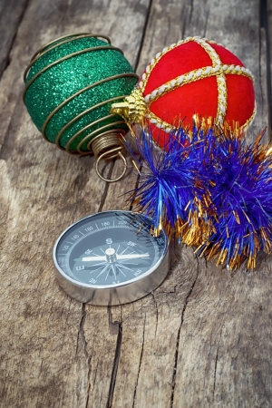 compass traveler and Christmas decorationsの写真素材
