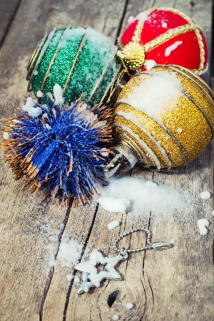 Three ball with Christmas decorations in the snowの写真素材