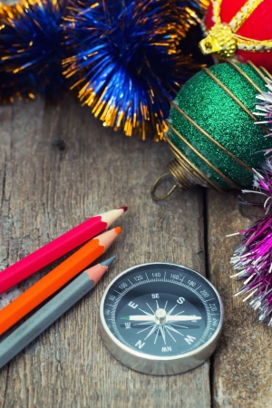 compass traveler and Christmas decorationsの写真素材