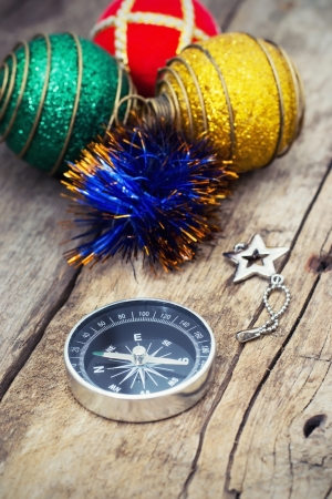 compass traveler and Christmas decorationsの写真素材