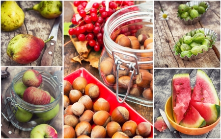berries and nuts fruit collageの写真素材