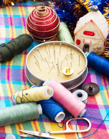 instruments of repairman clothing  and threadの写真素材