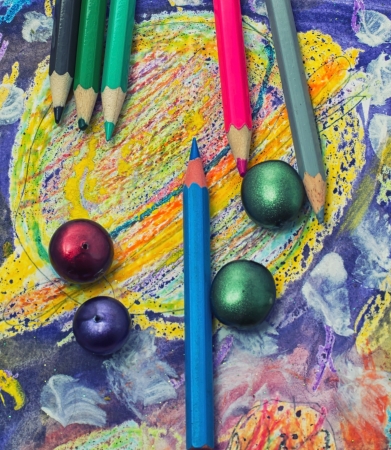 pencils,paint in different colors on the color paletteの写真素材