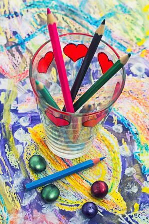 set of pencils and paints for paintingの写真素材