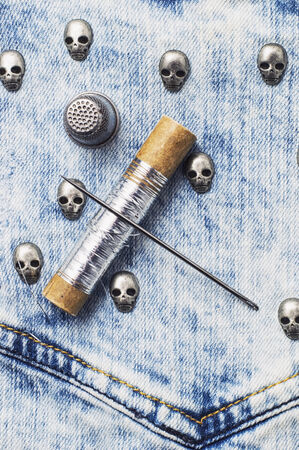 fabric with skulls stylish trinkets sewing wizardの写真素材