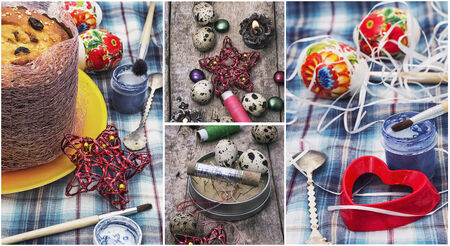 decorations for Easter holiday with cake and painted eggsの写真素材