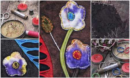 collage with a set of old sewing tools and samples textile fabricの写真素材