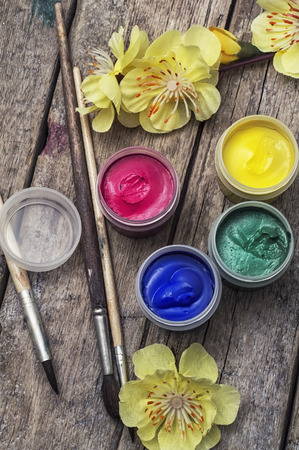 paint for painting and composition with flowers in springの写真素材