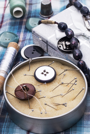 set of old seamstress for needleworkの写真素材