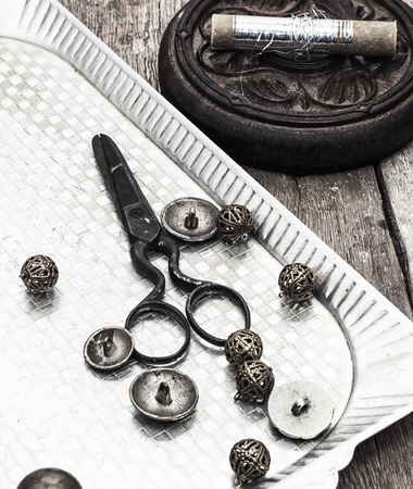set of old seamstress for needleworkの写真素材
