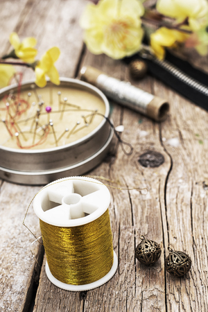 set of old seamstress for needleworkの写真素材