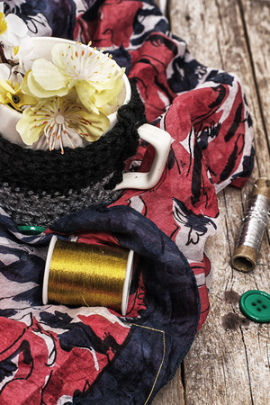 set of old seamstress for needleworkの写真素材