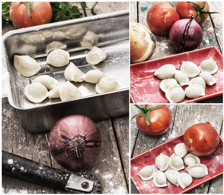 collage with cooking ravioli with fresh vegetablesの写真素材
