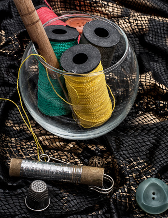 thread,button,crochet hook, and other sewing toolsの写真素材