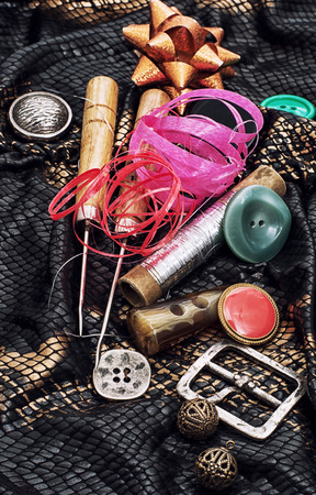 thread,button,crochet hook, and other sewing toolsの写真素材