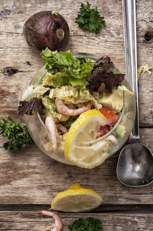 Vegetable salad with shrimps, sea breezeの写真素材