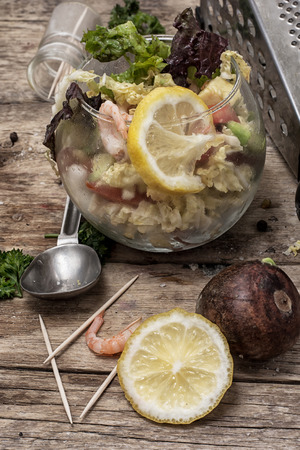Vegetable salad with shrimps, sea breezeの写真素材