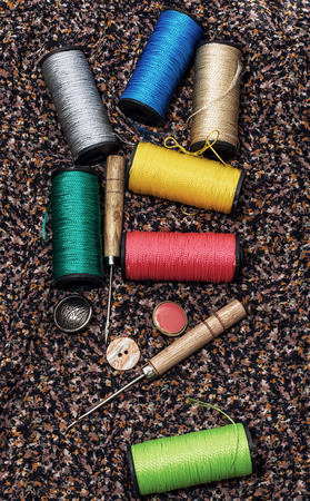 thread,button,crochet hook, and other sewing toolsの写真素材