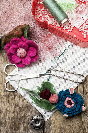 thread,button,crochet hook, and other sewing toolsの写真素材