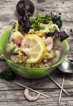 Vegetable salad with shrimps, sea breezeの写真素材