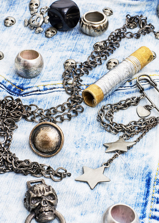 composition with sewing accessories and skull jewelryの写真素材