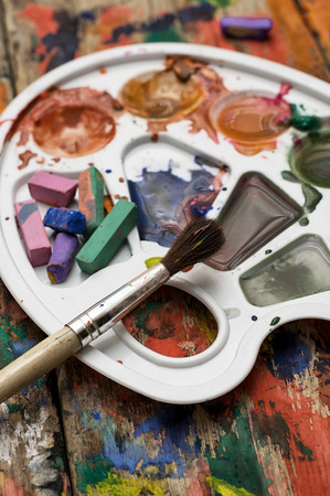 color paints,crayons and pencils for drawing in old styleの写真素材