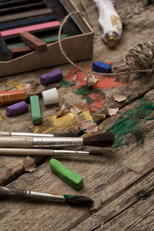 color paints,crayons and pencils for drawing in old styleの写真素材