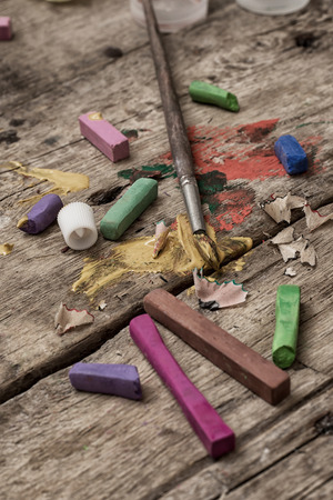 color paints,crayons and pencils for drawing in old styleの写真素材